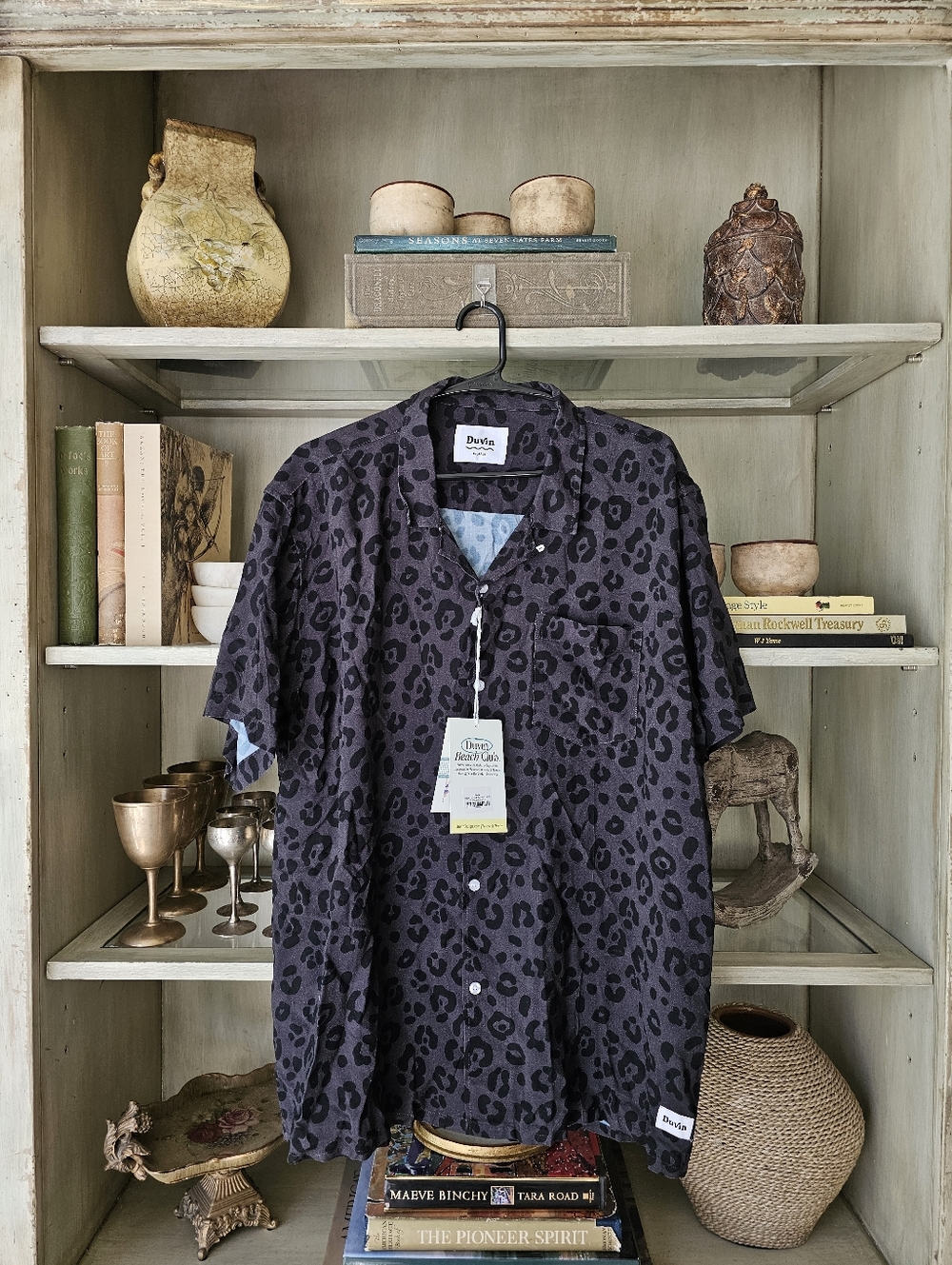 NWT DUVIN Cocktail Shirt Black Leopard Button Up Cabana Shirt XL
